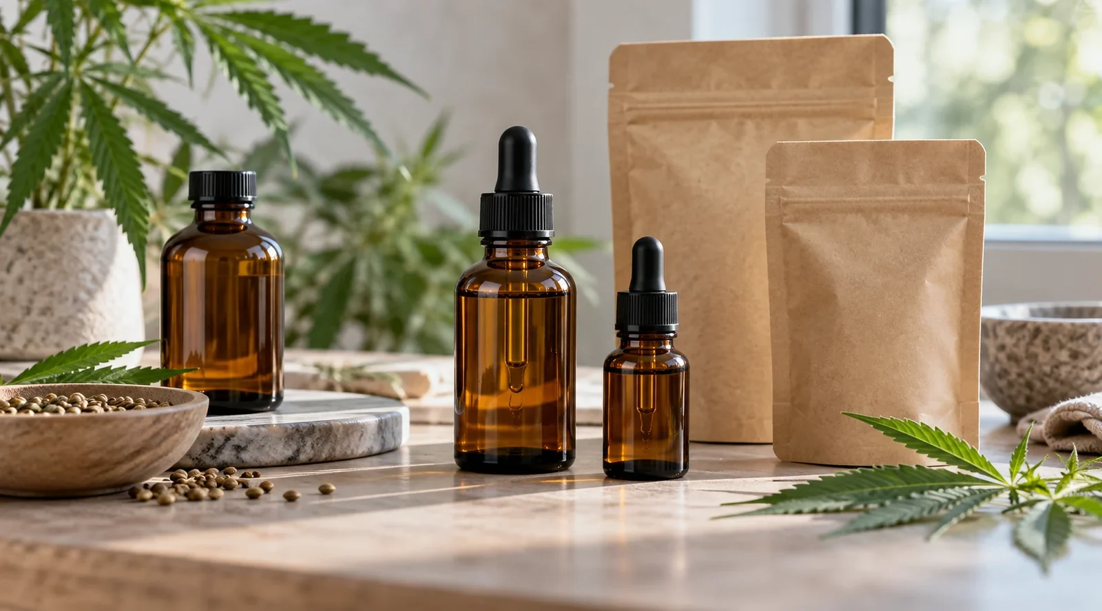 Produits CBD présentés dans des emballages neutres
